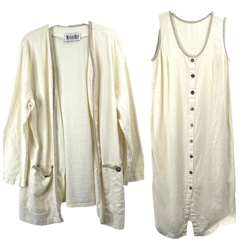 Vikki Vi flax blend cardigan duster maxi dress set Sz 16W cream linen